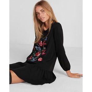Express Black Drop Waist Dress with Floral Embroidered Detail front